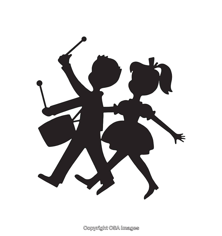 Silhouette of Children Marching and Playing Drums in Joyful Harmony