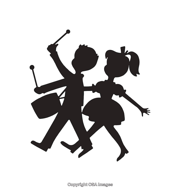 Silhouette of Children Marching and Playing Drums in Joyful Harmony