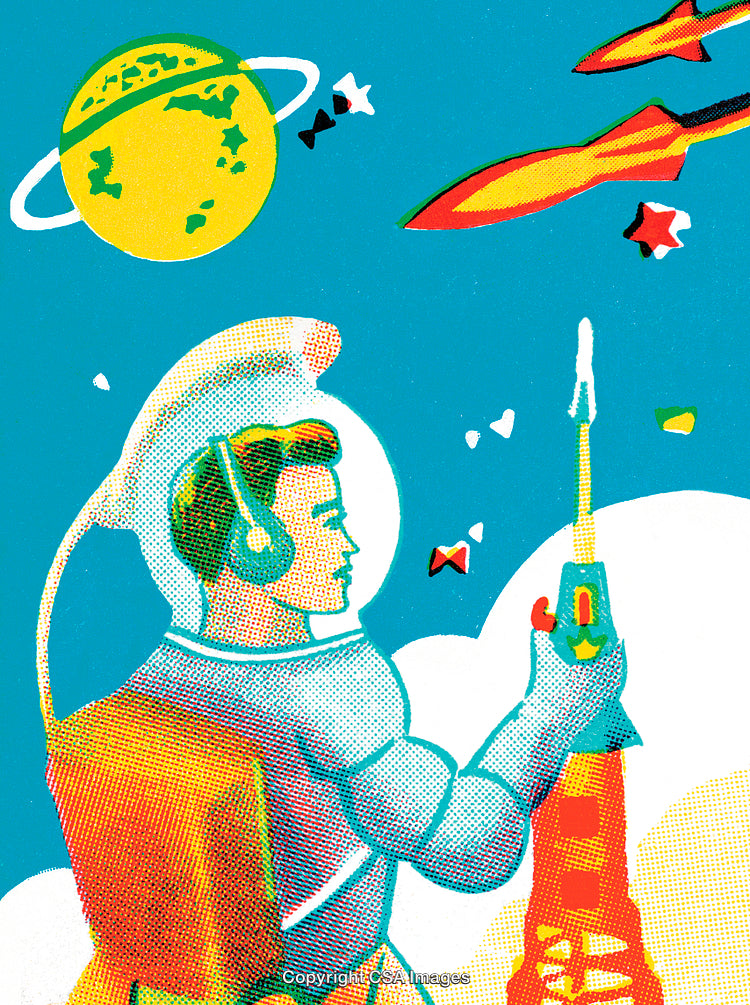 Retro Styled Astronaut Illustration with Rockets and Outer Space Elements