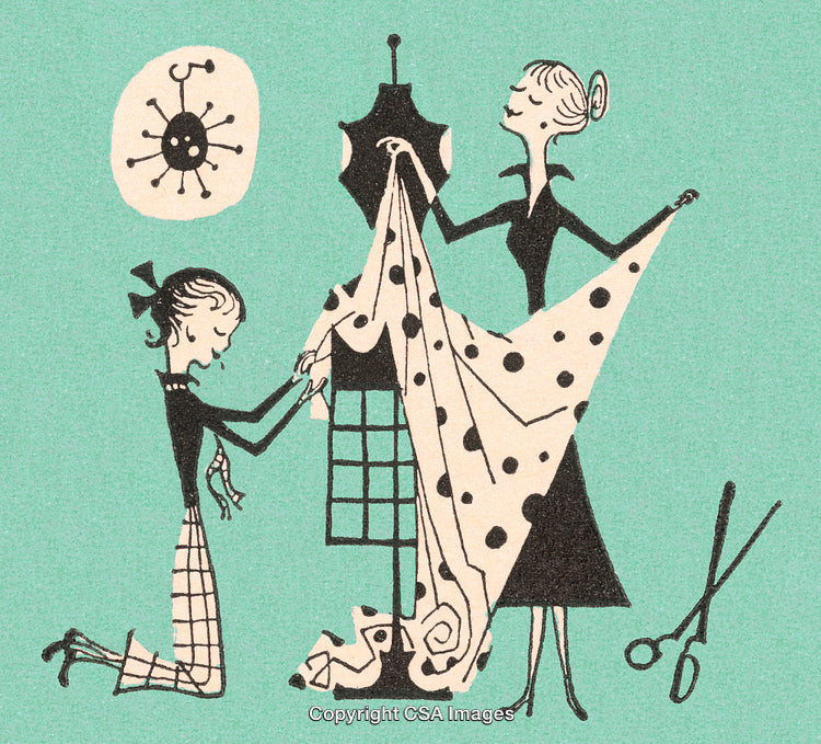 Vintage Illustration of Two Women Designing a Polka Dot Dress on a Mannequin