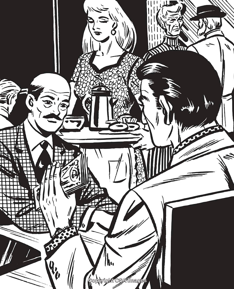 Retro Style Illustration of a Busy Cafe Scene Depicting Social Interaction