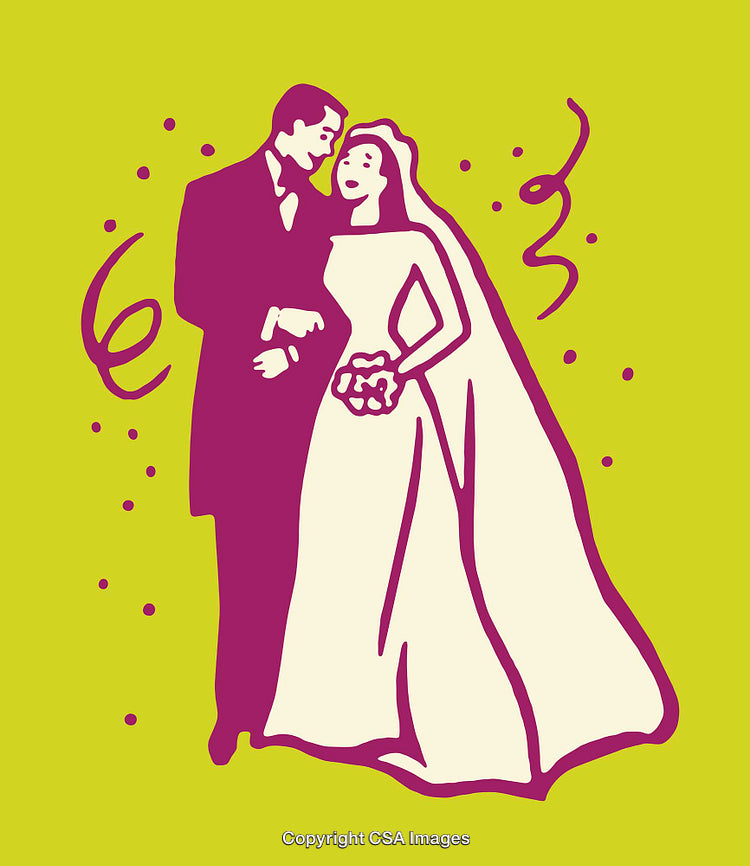 Elegant Bride and Groom Illustration in Vibrant Colors