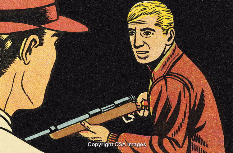 Retro Comic Style Scene Featuring Tense Interaction With a Weapon