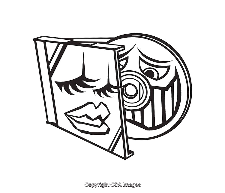 Black and White Abstract Line Art Depicting Geometric Faces with Expressions