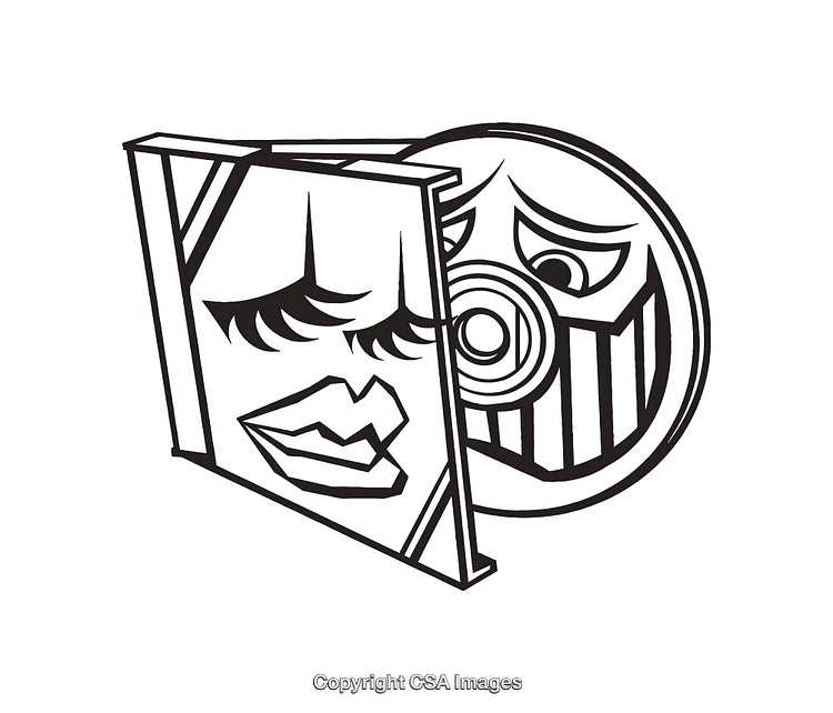 Black and White Abstract Line Art Depicting Geometric Faces with Expressions