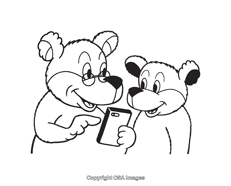Two Bears Looking at a Smartphone in a Line Art Style