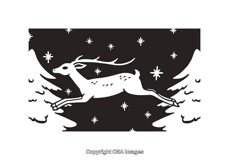 Black and White Line Art of a Reindeer in Winter Forest