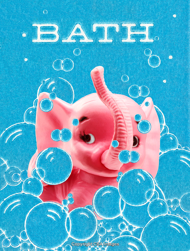 Pink Elephant Toy Amidst Blue Bubbles With Bath Text Overlay
