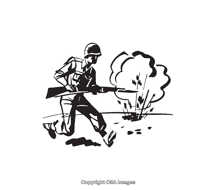 Black and White Line Art of a Soldier During Battle