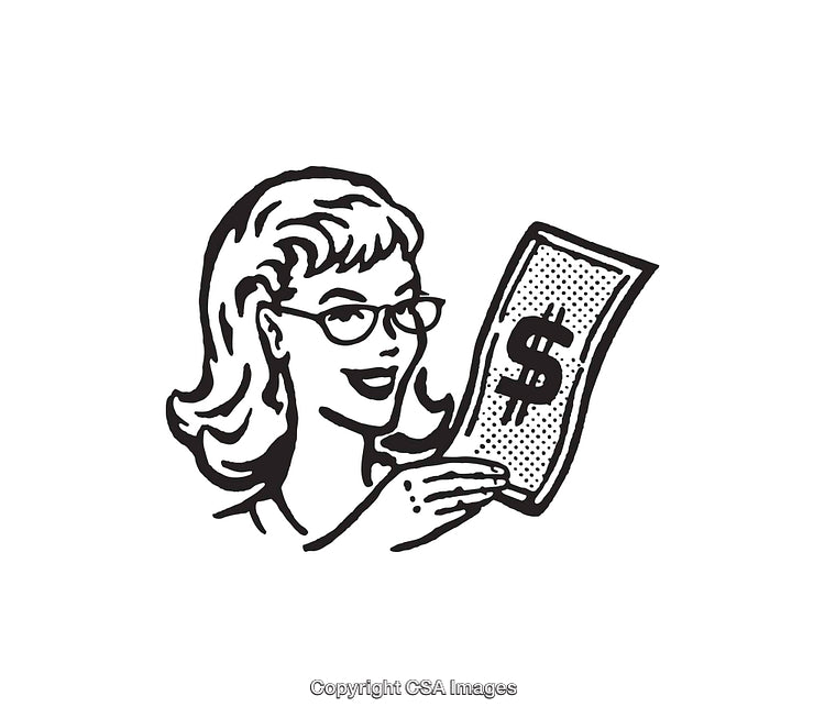 Retro Styled Black and White Artwork Featuring Woman Holding a Dollar Bill