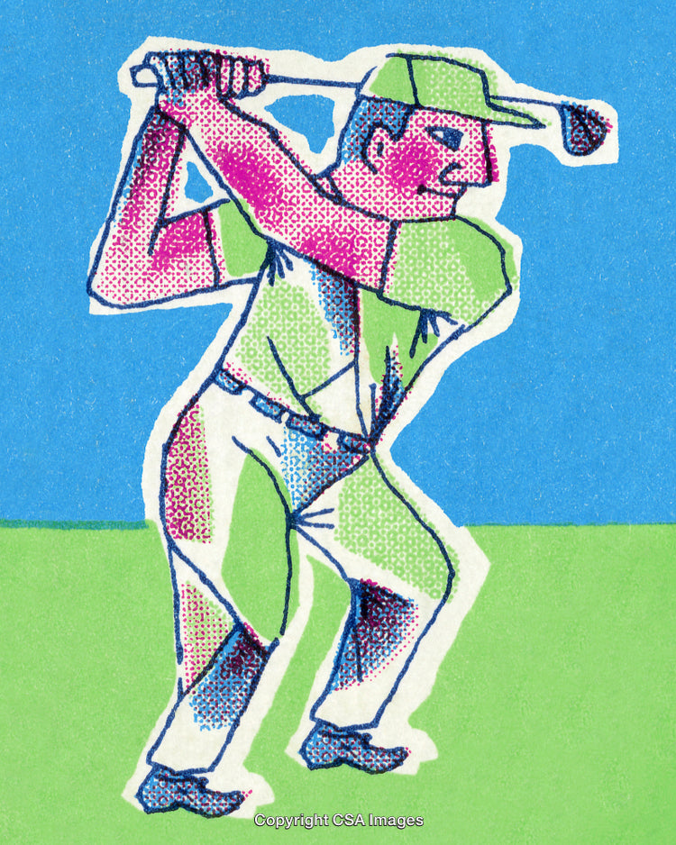 Illustrative Artwork of Golfer in Swing Pose on a Brightly Colored Background