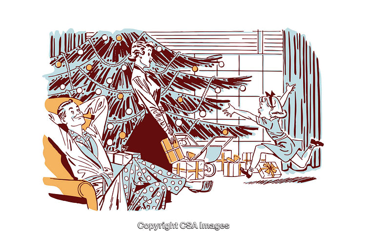 Vintage Illustration of Family Celebrating Christmas Around the Holiday Tree