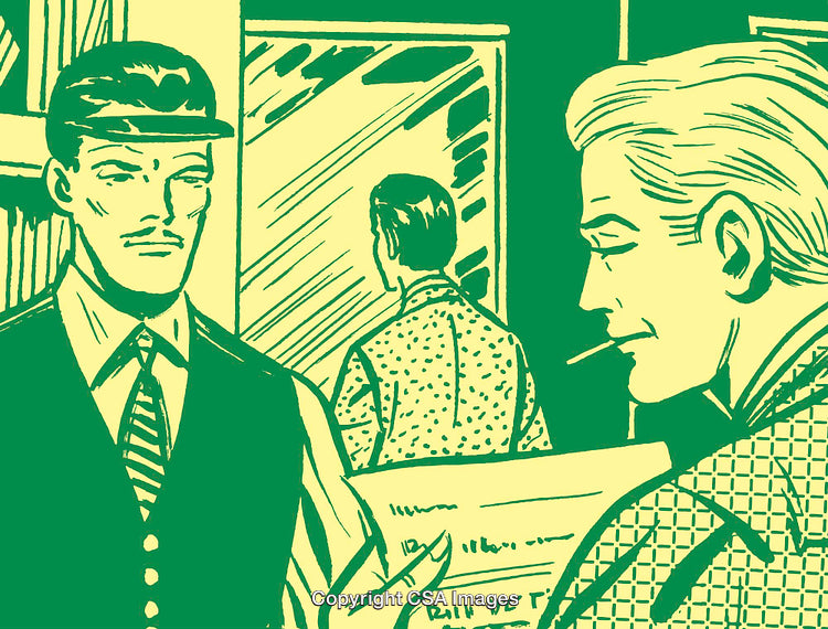 Vintage Comic-Style Illustration Featuring Characters in a Suspenseful Moment