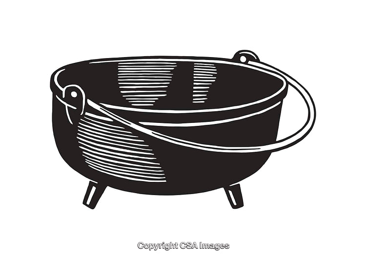Black and White Line Art of Vintage Cauldron with Handle