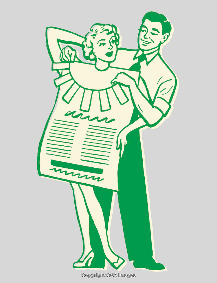 Vintage Line Art Illustration of a Fashionable Couple Holding a Unique Card