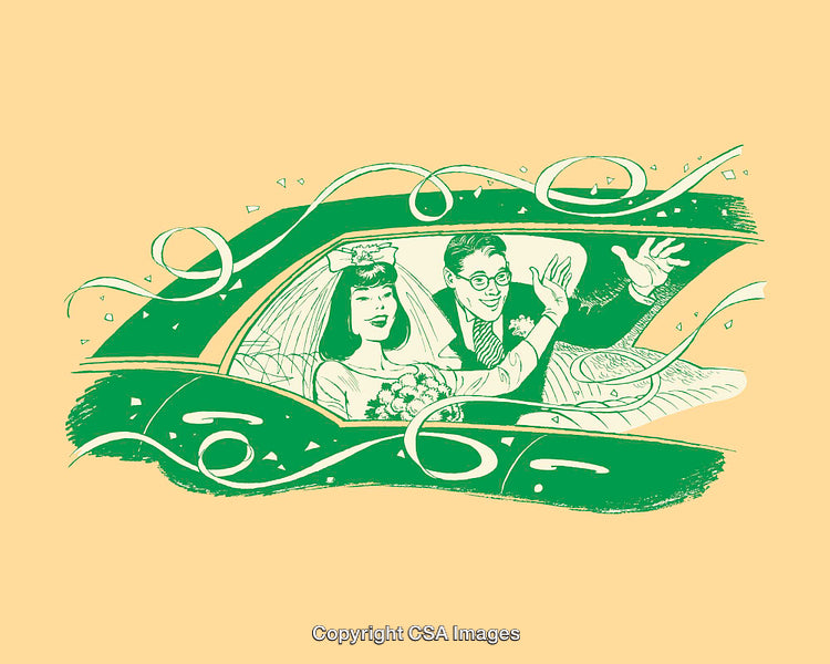 Retro-Style Illustration of a Newly Married Couple Waving from Their Car