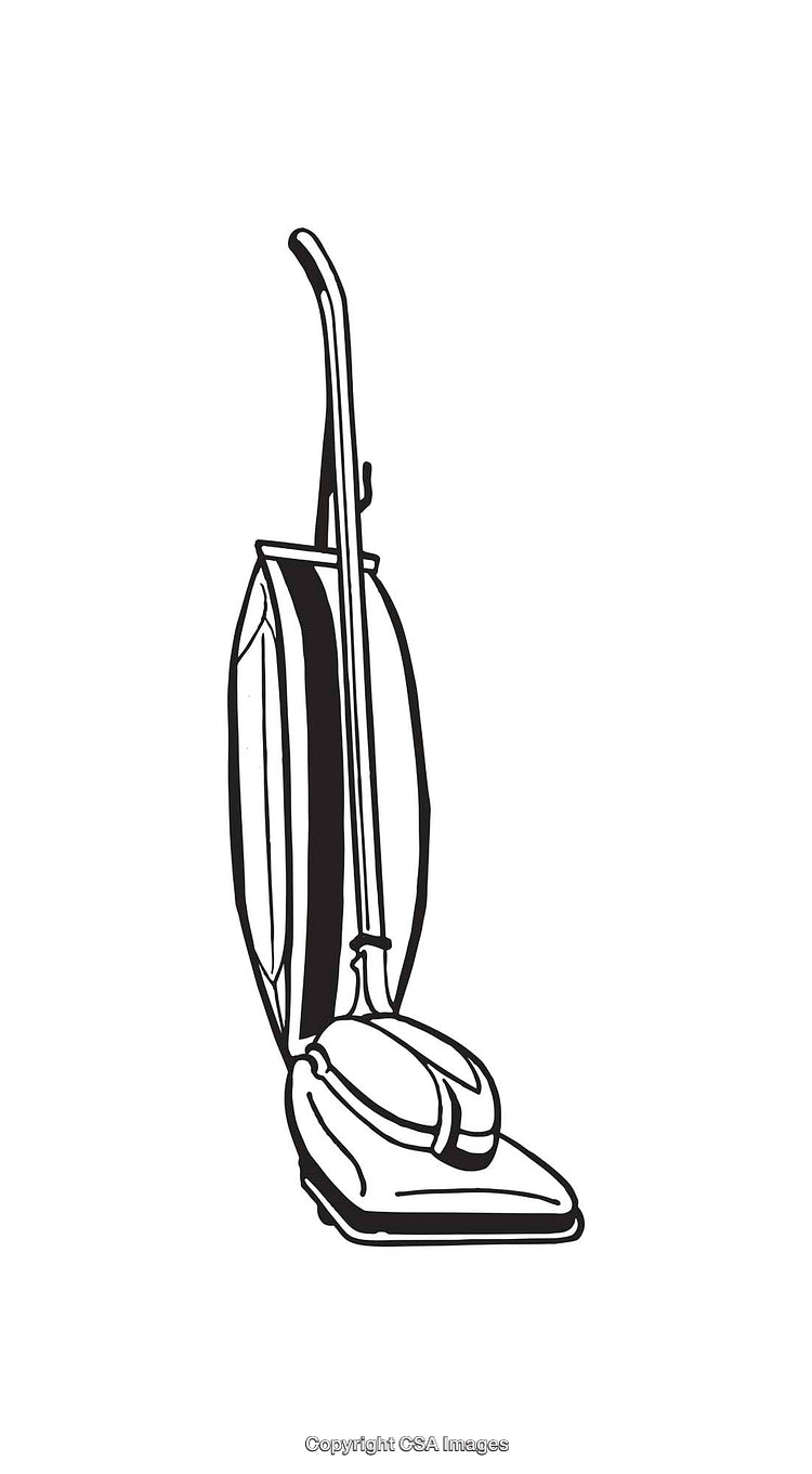 Black and White Line Art Illustration of a Classic Upright Vacuum Cleaner
