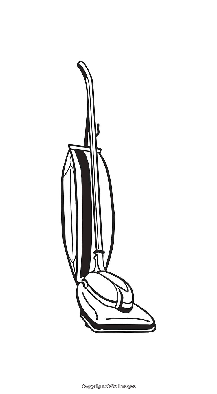 Black and White Line Art Illustration of a Classic Upright Vacuum Cleaner