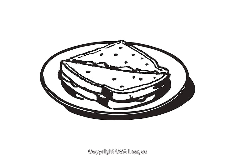 Black and White Line Art of Sandwich on a Plate