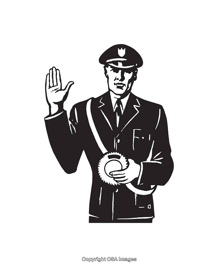 Black and White Illustration of a Uniformed Officer Making an Oath