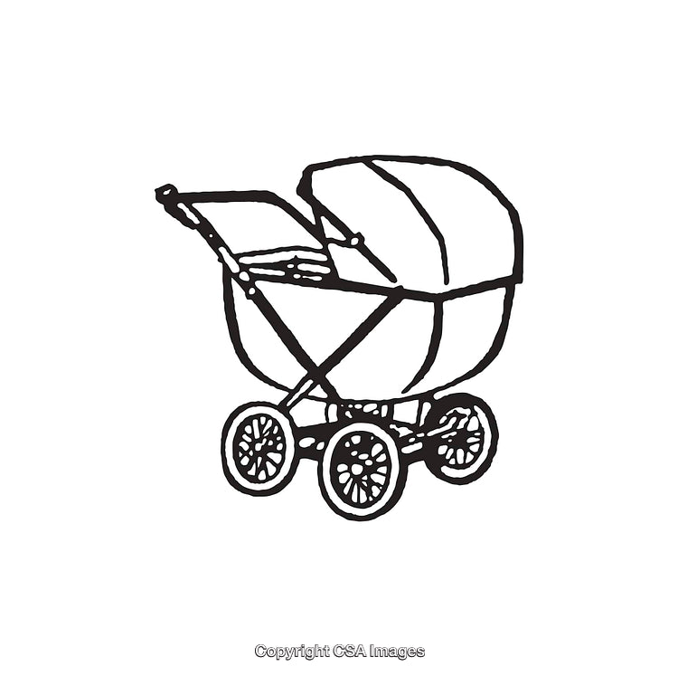 Black and White Illustration of a Vintage Baby Stroller