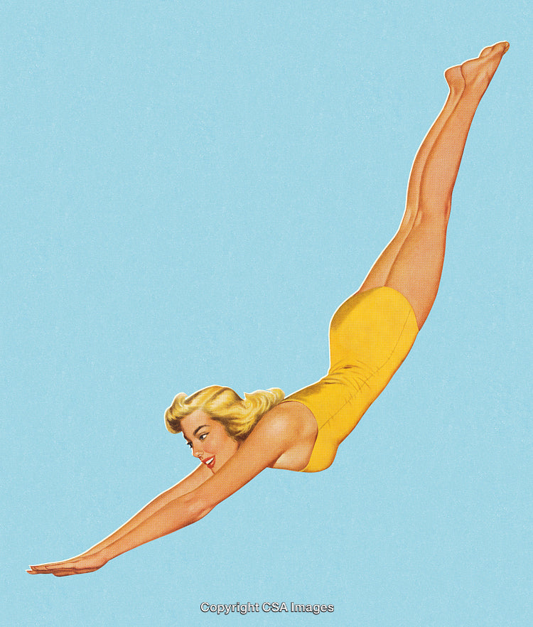 Retro Illustration of a Woman Diving in a Yellow Swimsuit on Blue
