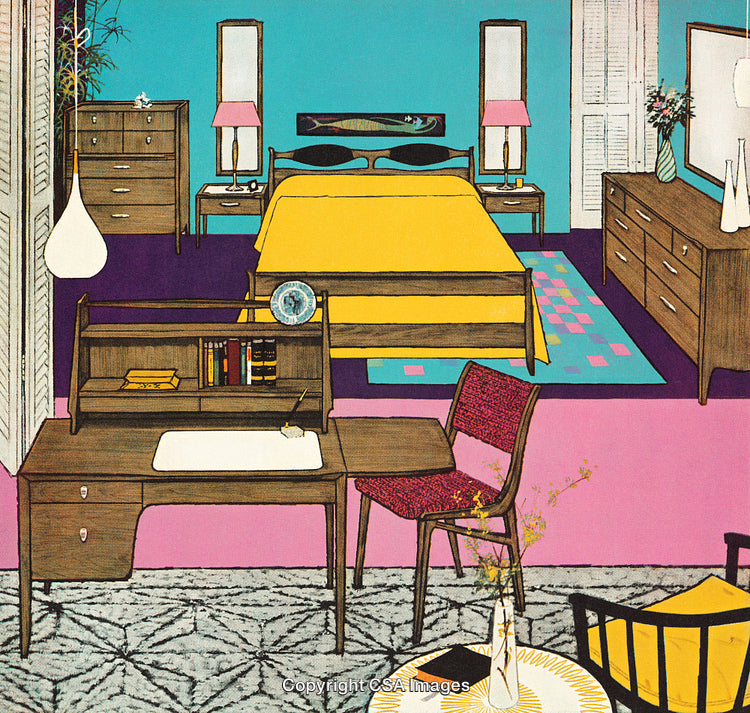 Mid-Century Modern Bedroom With Vibrant Color Palette and Retro Furniture