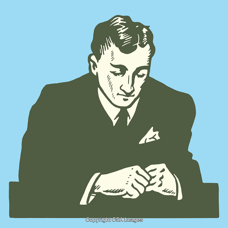 Vintage Illustration of a Thoughtful Businessman in a Green Suit
