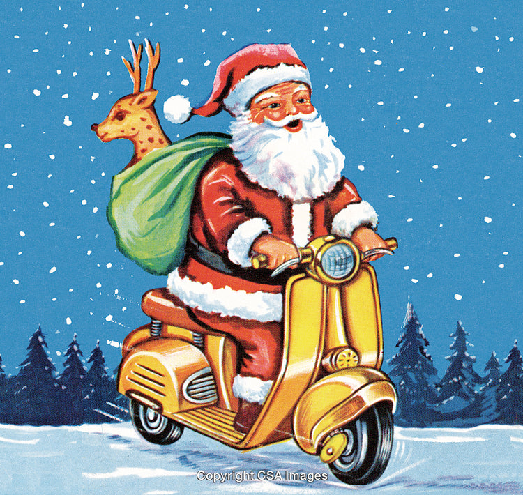 Santa Claus Riding Scooter in Snowy Winter Landscape with Gift Bag