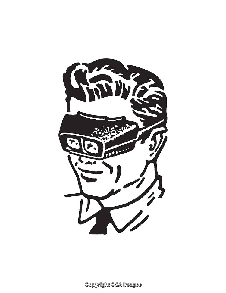 Retro-Style Illustration of Man Wearing Futuristic Goggles in Black and White