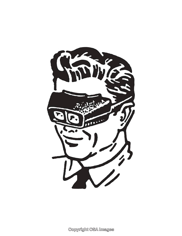 Retro-Style Illustration of Man Wearing Futuristic Goggles in Black and White
