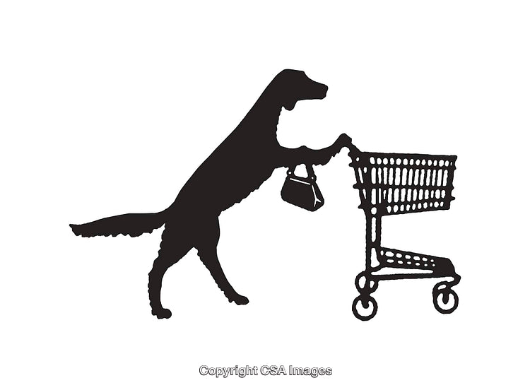Dog Pushing Shopping Cart Line Art Illustration in Black and White