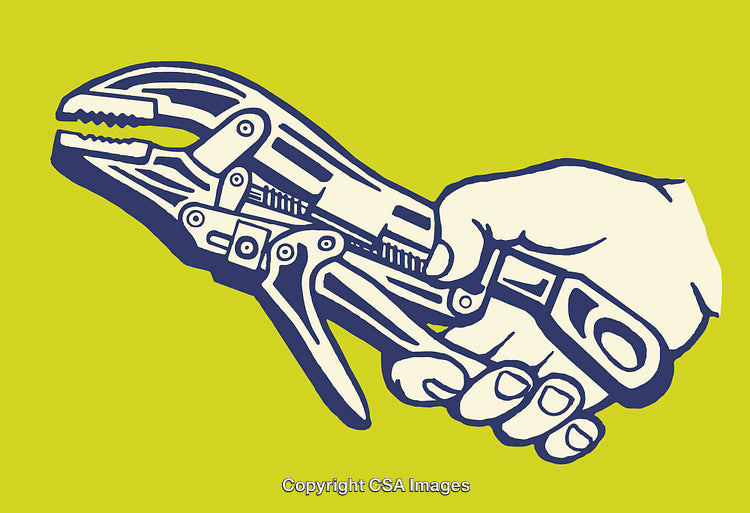 Hand Holding Locking Pliers Line Art with Bold Yellow Background