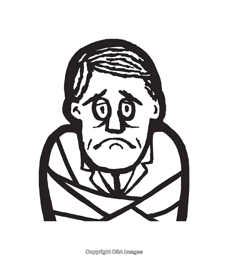 Black and White Illustration of a Concerned Man Feeling Confined