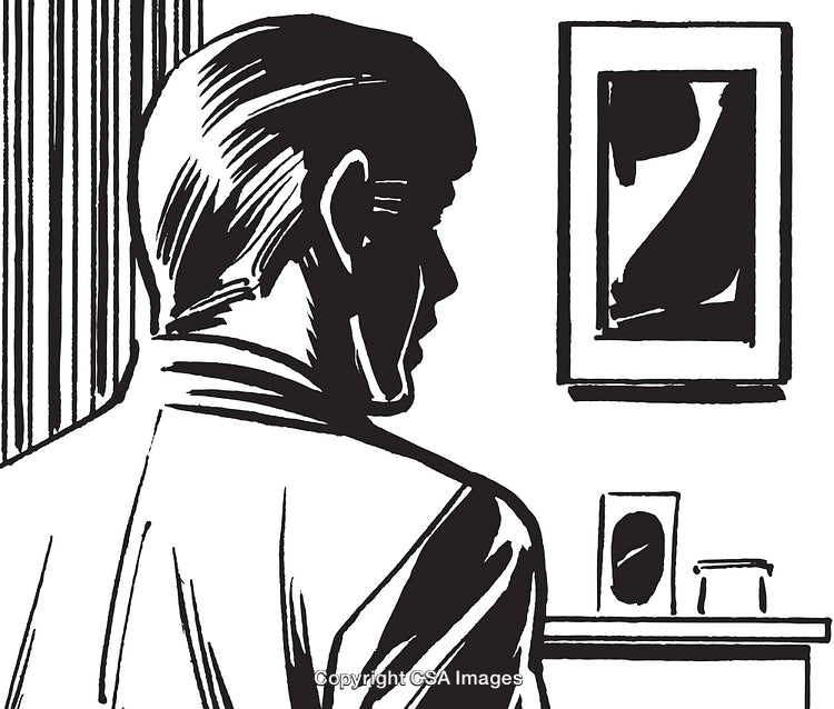Monochrome Illustration of a Person Viewing Art in a Minimalistic Setting