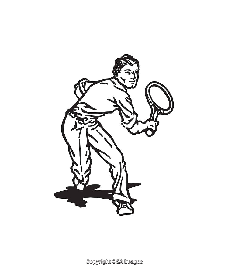 Vintage Line Art Drawing of a Man Playing Tennis