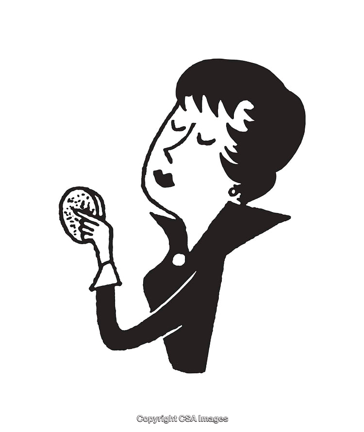 Black and White Line Art of a Woman Holding a Small Bread Roll
