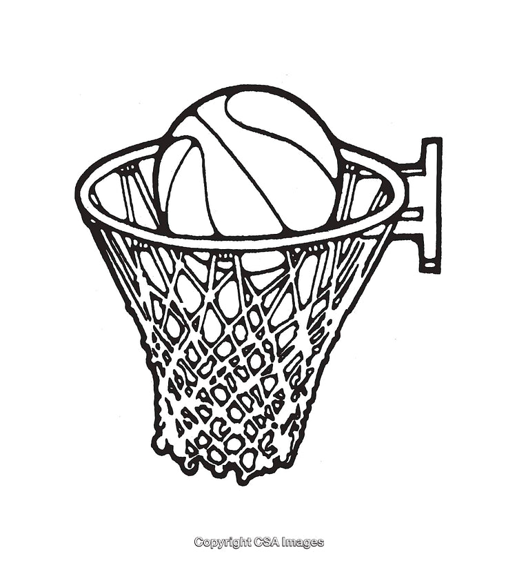 Black And White Line Art of Basketball Swishing Through Net