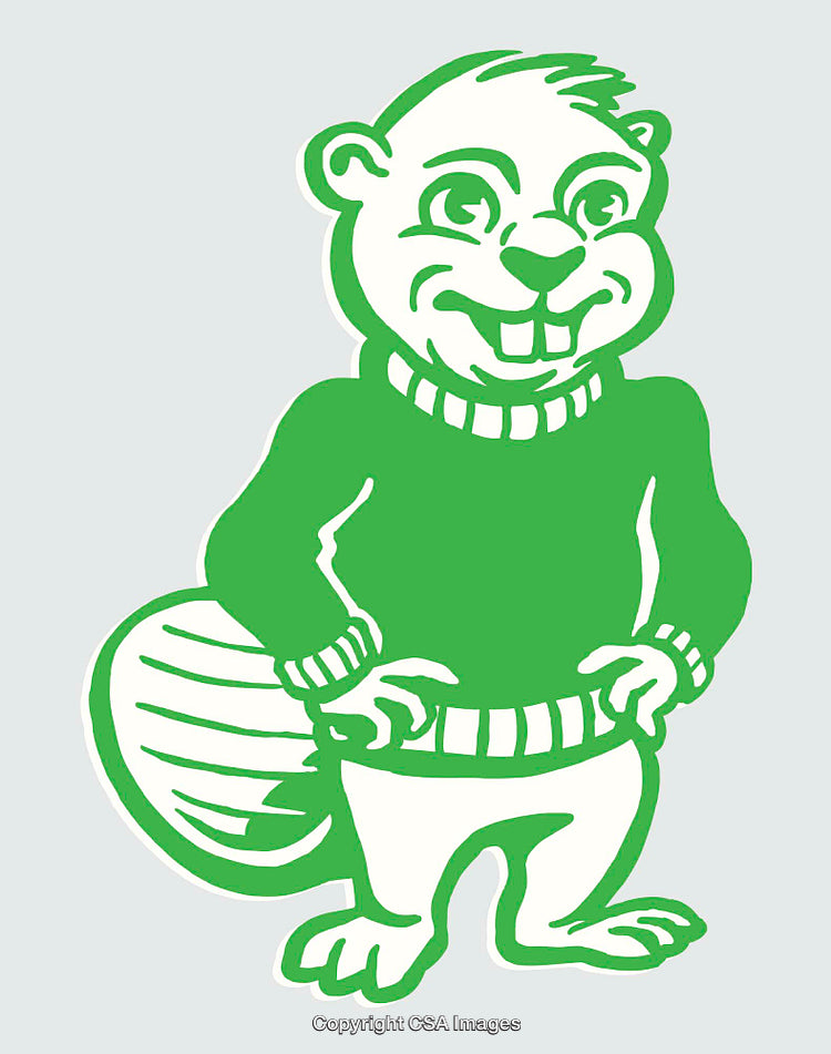 Green Line Art Illustration of a Cheerful Cartoon Beaver Character