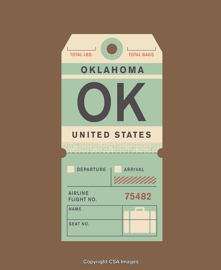 Vintage Oklahoma Travel Tag Design Featuring Flight and Destination Details