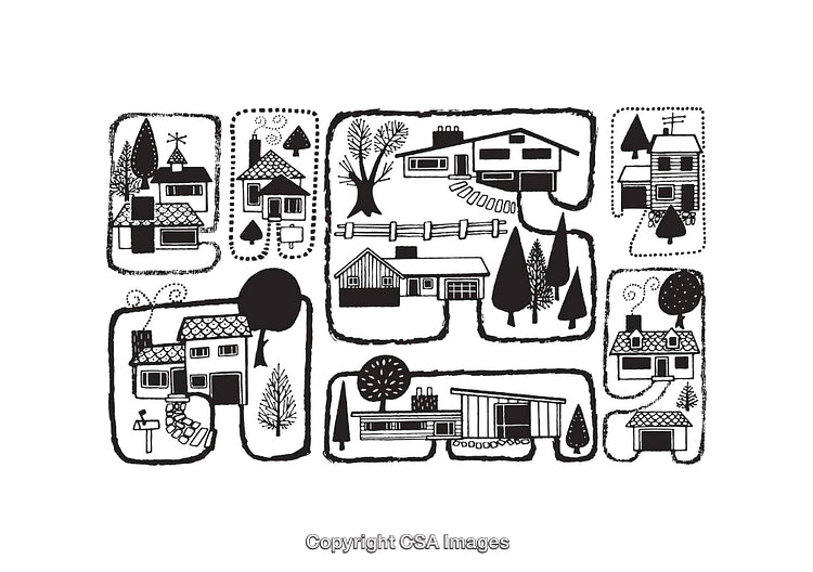 Black and White Line Art Illustrations of Suburban Houses in Various Styles