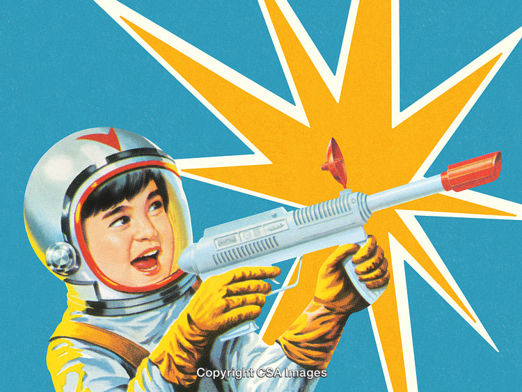 Retro Illustration of a Young Astronaut Holding a Toy Laser Gun
