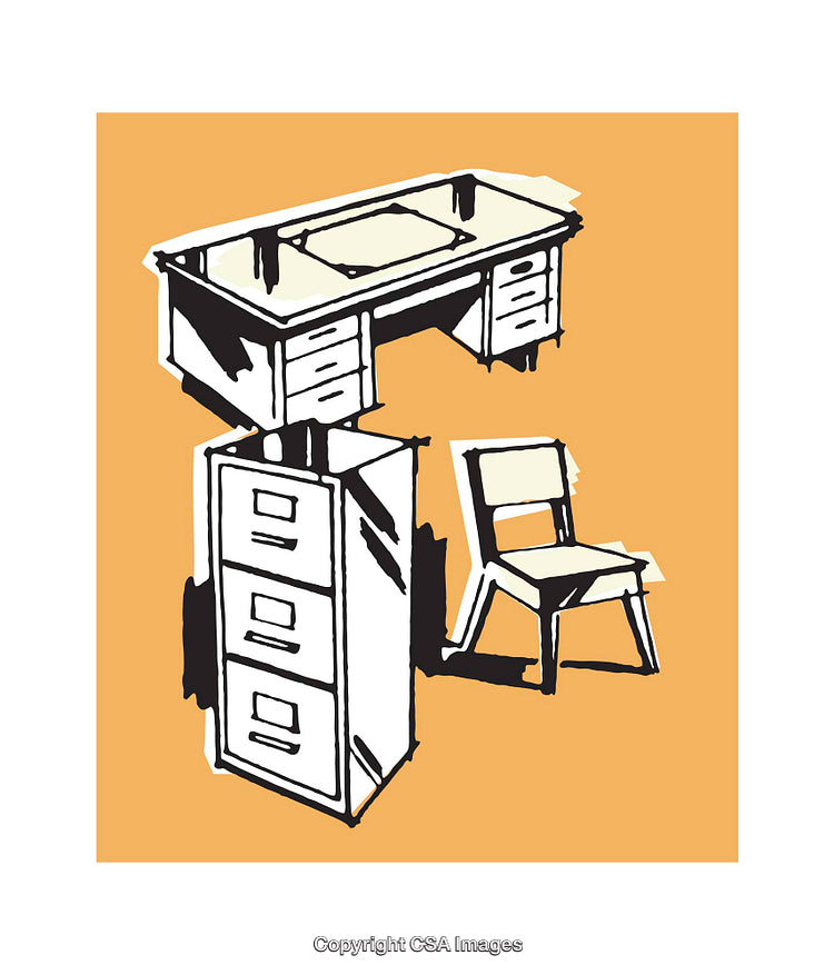 Illustrative Desk and Chair with Filing Cabinet on Vibrant Background