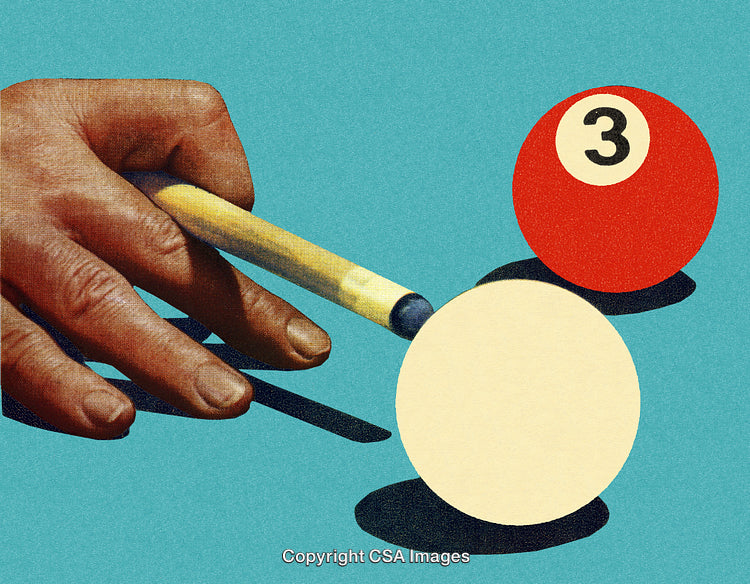 Artistic Depiction of a Hand Playing Pool with Cue and Billiard Balls