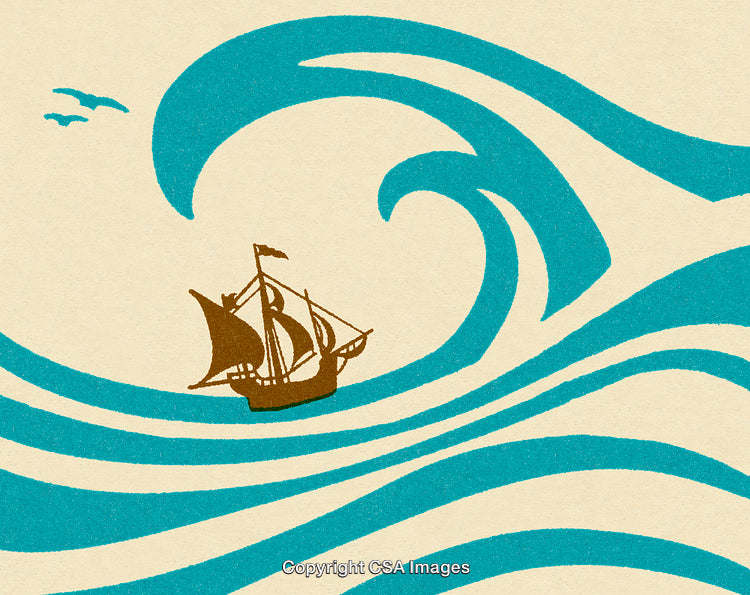 Vintage Art of a Ship Sailing Amidst Turquoise Ocean Waves