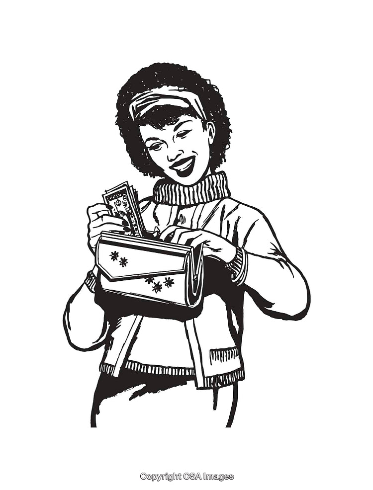 Black and White Line Art of Smiling Woman Counting Money in Wallet