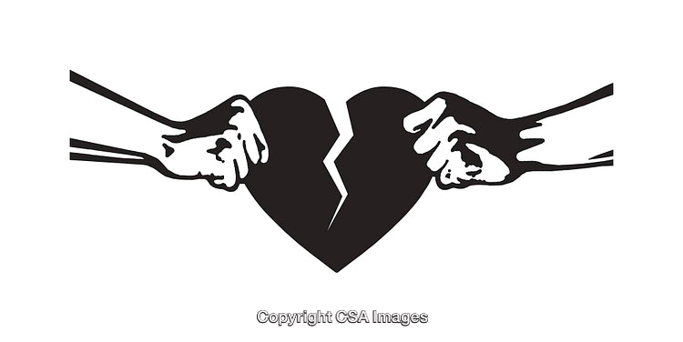 Black and White Illustration of Broken Heart Pulled Apart by Hands
