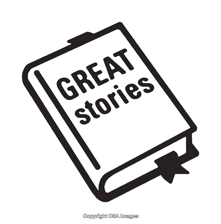 Black and White Line Art of Book with Great Stories Text