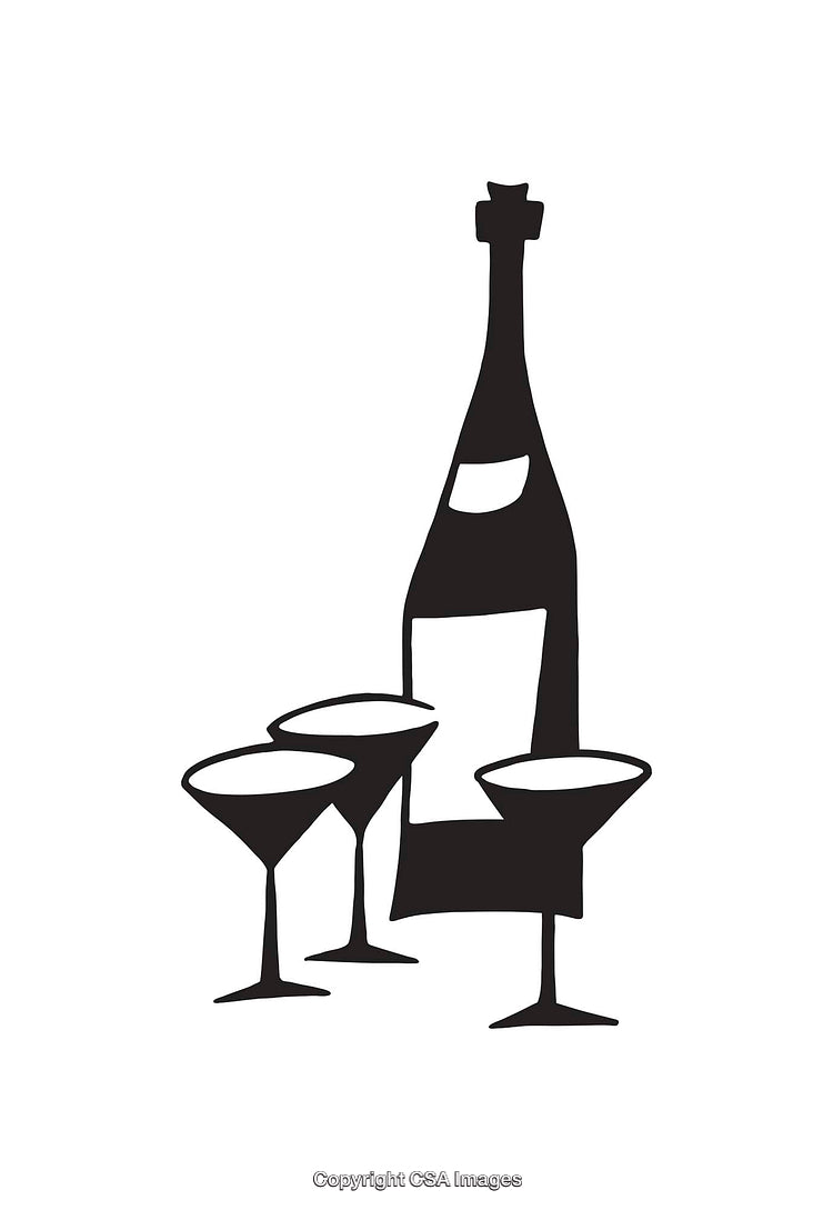 Black and White Line Art of Bottle and Glasses Illustration