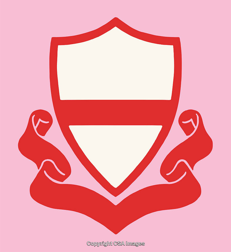 Red Shield-Line Art Design with Scroll on Pink Background